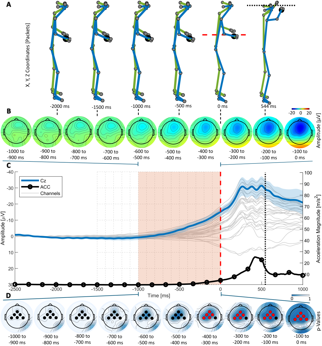 Grand average of joint human motion capture and ERP: motion postures, ERP topographies, Cz readiness potential waveform, and significance maps.
